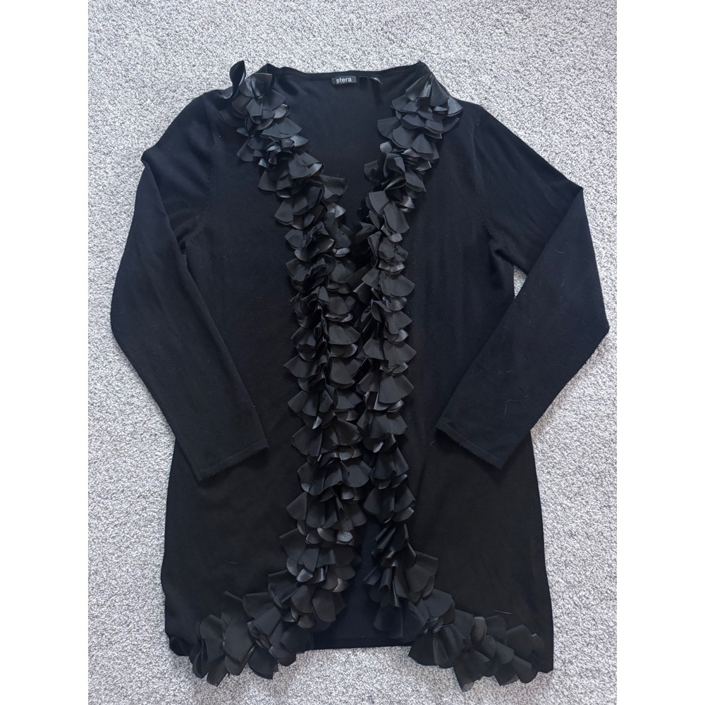 Stera Black Ruffle Trim Open Front Cardigan Sweater Longline Viscose Blend Large